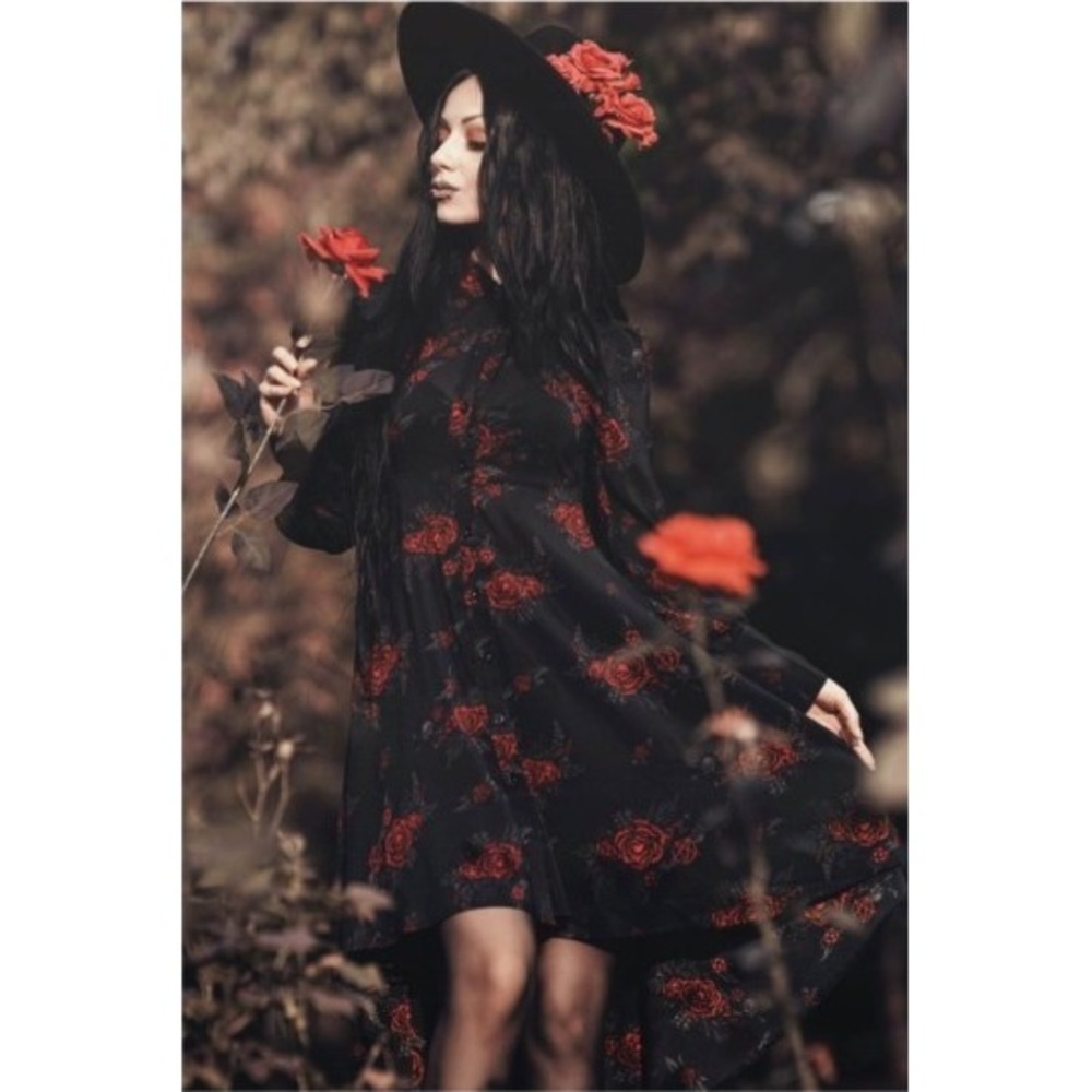 Killstar Red Rose Skull Pentagram High Low Midi Dress Pandora Shirt Dress L - Picture 2 of 11
